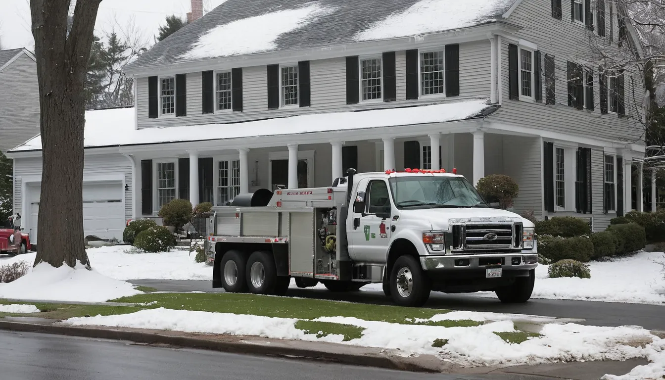 A local septic provider's truck parked beside a snowy home in Agawam Town